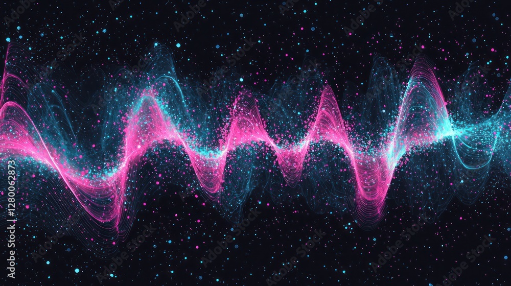 Poster pastel pink and cyan create dynamic waves in a rippling particle effect over a black and dark blue b