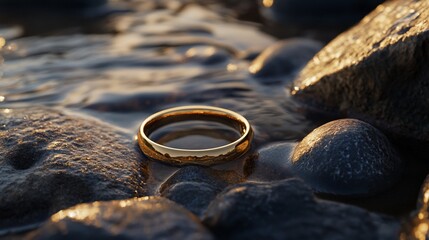 Golden ring rests on rocks in shallow sunset water