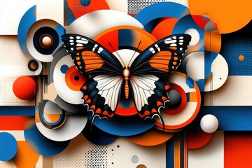 A vibrant butterfly design with geometric abstract patterns and bold colors.