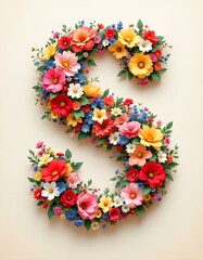 letter, S, floral, flowers, vibrant, colorful, artistic, elegant, design, organic, natural, red, yellow, pink, blue, white, blooms, green, leaves, accents, beige, background, soft, texture, warm, 