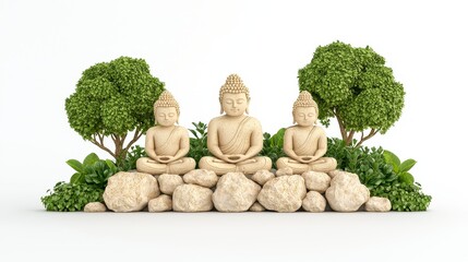 Three serene Buddha statues amidst lush greenery and rocks, creating a peaceful and meditative atmosphere
