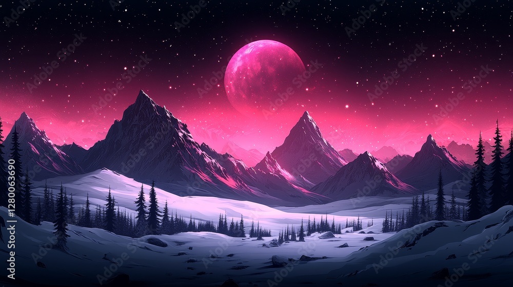 Poster pixelated retro mountain view with crimson moon and starry skies evocative of classic video games an