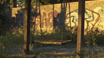 alone swing hanging from abandone playground