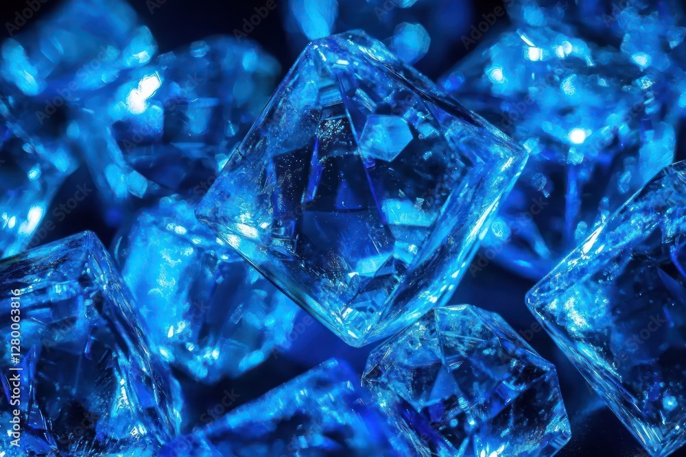 Poster cascading radiant blue spectrum cubes glow with varying intensity, ideal for enhancing digital heade