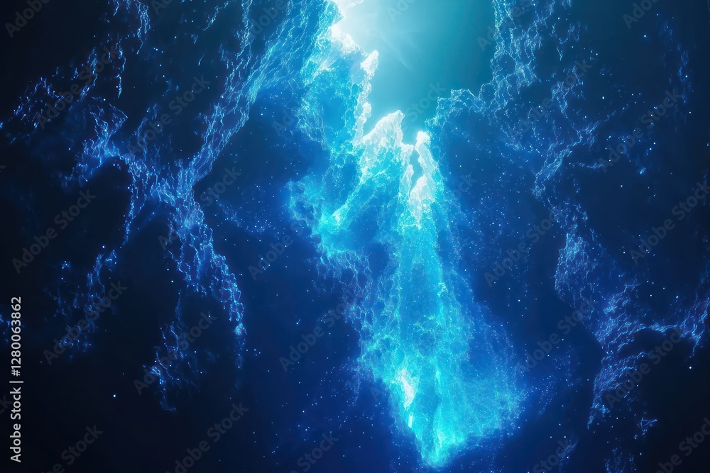 Poster blue spectrum cubes form a radiant cascading effect into the dark, varying in intensity, suitable fo