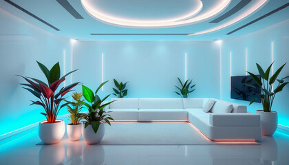 A futuristic luxury lounge with a minimalist white sectional sofa, large floor planters with exotic plants, LED ambient lighting, and smart home technology