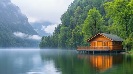 Fototapeta premium Misty Lakeside Cabin Reflection