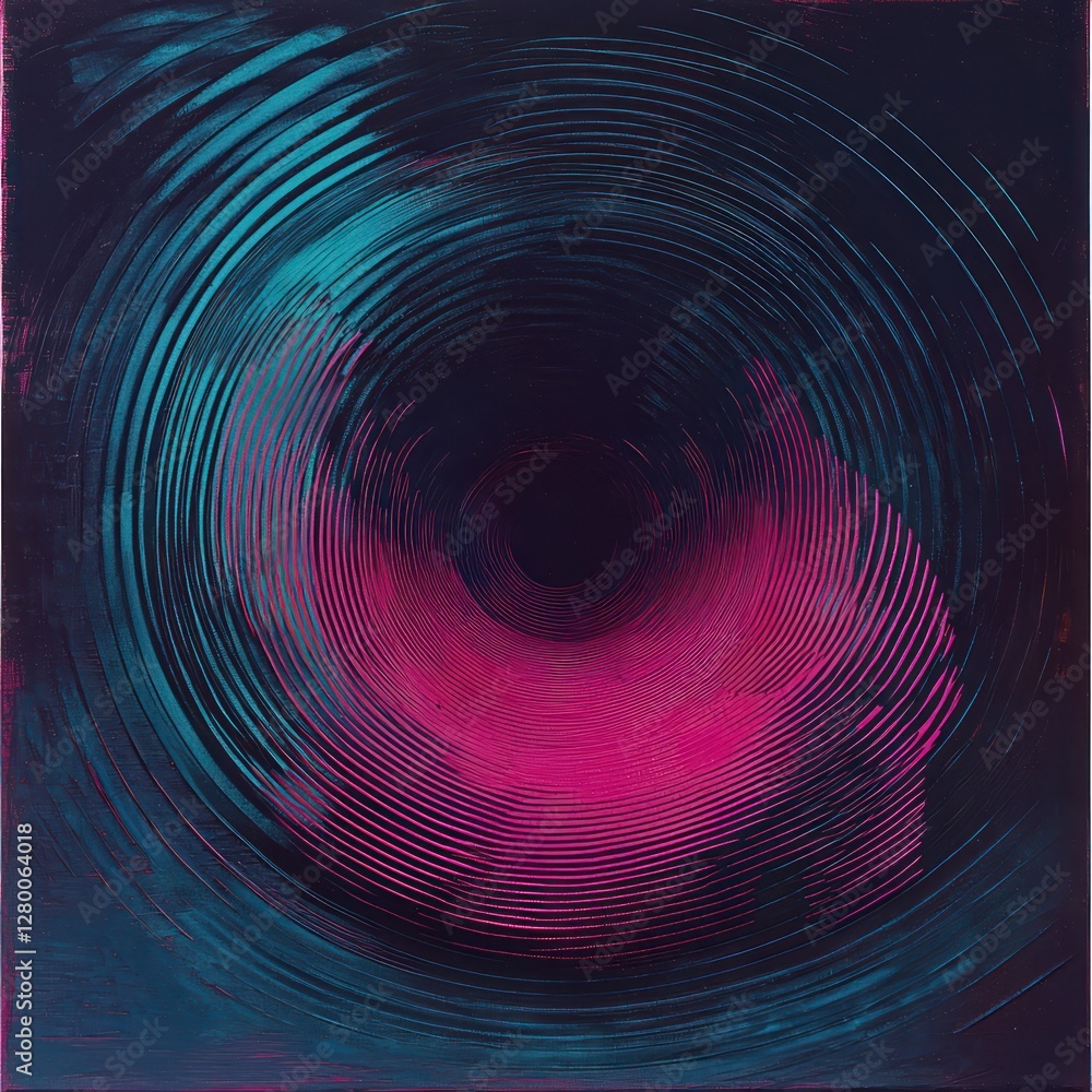 Poster spiraling lines of teal and magenta create a vibrant vortex on a gradient of dark shades.
