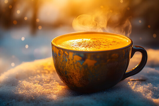 Warm beverage in winter sunlight, a cozy and comforting scene depicting relaxation