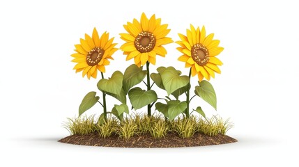 Three Sunflowers in Full Bloom, Isolated on White Background, Evoking Warmth and Summer Vibes