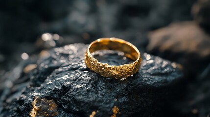 Gold ring, rough texture, dark rock, sunlight, nature, treasure hunt, jewelry, website
