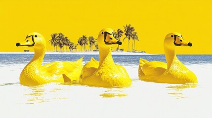 Obraz premium Whimsical yellow ducks swimming in tropical azure waters abstract summer vacation family travel playful waterbirds idyllic scene