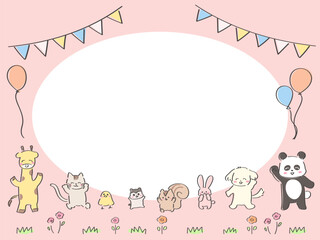 かわいい手描きの動物の誕生日カード　横型　ピンク