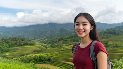 Obraz premium Korean woman in red t-shirt smiling enjoying outdoor activity at rice field and terraces in the mountain