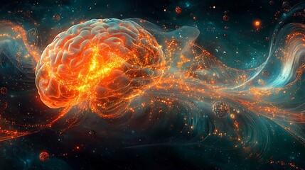 A glowing cybernetic brain, its neural circuits intertwined with quantum particles radiating vibrant light, surrounded by swirling holographic waves and shimmering cosmic particles,