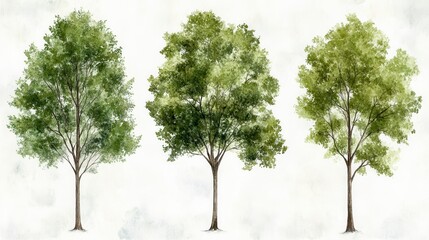 Obraz premium Three Watercolor Green Trees On Off White Background