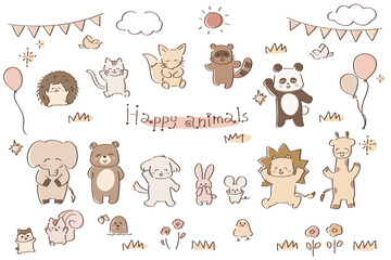 セピアカラーのゆるかわいい全身動物イラストセット