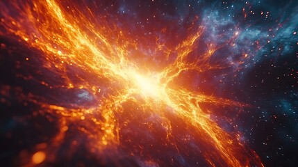 Naklejka premium A glowing cybernetic brain merging seamlessly into a radiant quantum singularity, vibrant streams of energy spiraling outward, surrounded by a cosmic backdrop filled with shimmering particles,