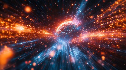 Fototapeta premium A glowing cybernetic brain processing vibrant data streams flowing seamlessly into a quantum computer core, dynamic beams of light and holographic data patterns surrounding the scene,