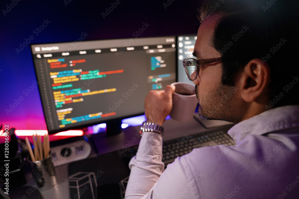 Poster smart it developer drinking coffee cup while working in software development coding on pc screen, pr