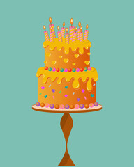 Cake design with party decorations. Cute orange cake. Vector templates great for invitations, poster, banner, flyer. Vector illustration.