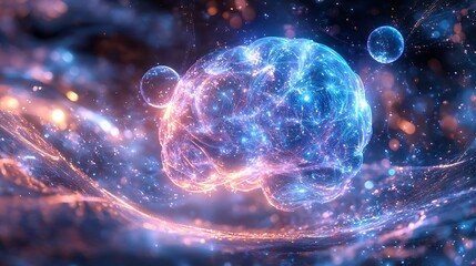 Naklejka premium A glowing cybernetic brain suspended in a quantum field, surrounded by swirling quantum particles and holographic projections, the environment exudes advanced technology with shimmering circuits,
