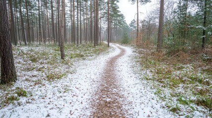 Fototapeta premium Snowy forest path winding through trees. Use Stock photo for nature, winter, hiking, or travel
