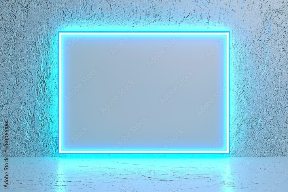 Poster symmetrical positioning of a realistic ai 3d frame with glowing blue borders, textured surface.