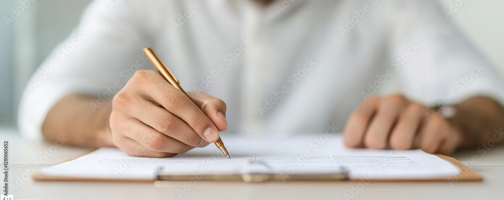 Aufkleber public policy concepts. person writing notes with a pen on a notebook in a bright setting.