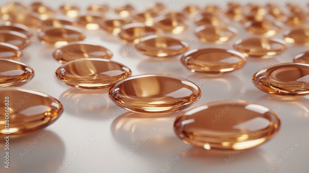 Aufkleber close-up view of amber-colored gel capsules scattered on a reflective surface, creating an abstract 