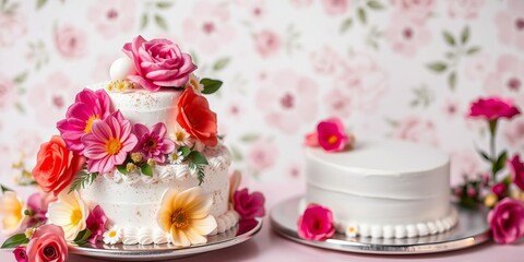 Elegant three tier cake decorated with fresh flowers on soft pastel background, flowers, tasty, elegant