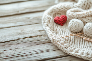 A cozy knitting scene with yarn balls, knitting needles, and a half-finished scarf on a wooden table with copy space. Soft warm light. Rustic home background. 