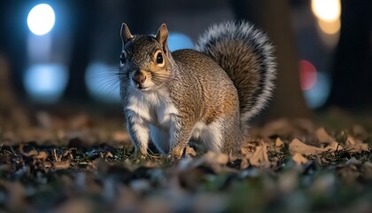 Squirrel in park at night, city lights blurred background