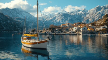 Sailboat Docked, Coastal Village, Snow Mountains, Travel Poster