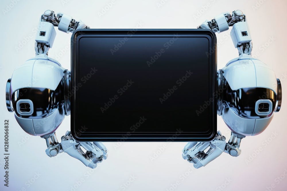 Poster high-quality 3d minimal black frame, symmetrically resting on a muted pastel backdrop with robotic s