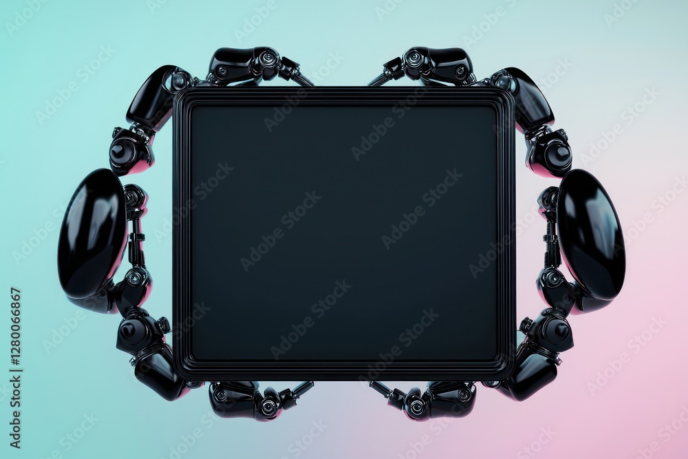 Poster symmetrical placement of a minimal black 3d frame, held by robotic elements on a pastel backdrop.