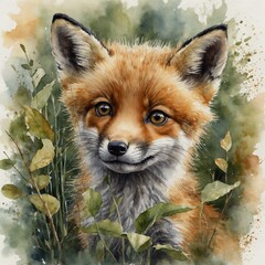 Fototapeta premium A playful watercolor of a fox cub with twinkling eyes, peeking mischievously from behind soft leaves, against a clear background.