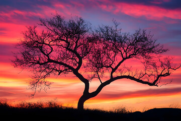 Naklejka premium Silhouette of a majestic tree against a vibrant sunset, creating a tranquil and scenic landscape