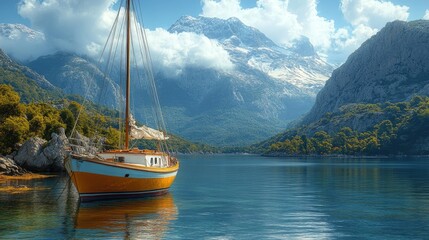 Sailboat moored, mountain bay, calm water, sunny day