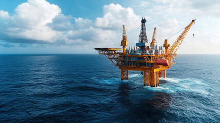 Environmental crisis. Oil rig in ocean with clear skies and dramatic clouds.