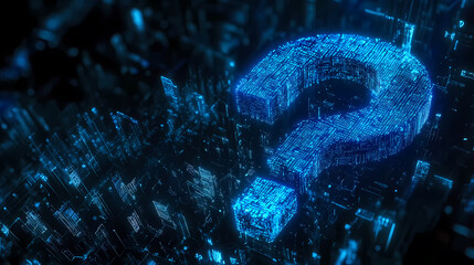 Glowing Blue Question Mark Over Dark Cityscape