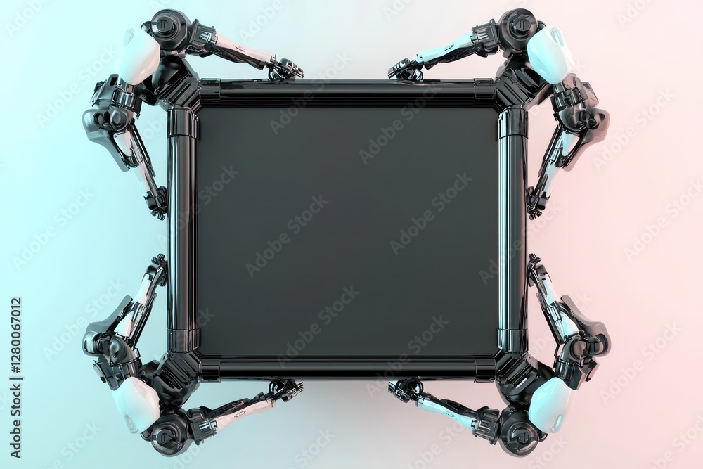 Poster robotic elements symmetrically support a minimal black 3d frame on a pastel-muted backdrop.