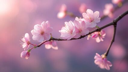 Obraz premium Close-Up of Delicate Pink Cherry Blossoms in Soft Focus Background.