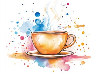 Watercolor Coffee Cup  Hot Drink  Steam  Splash Art
