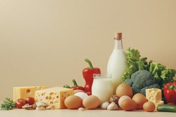 View of healthy food on a table, including eggs, milk, and cheese with vegetables on a beige background. 