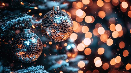 Obraz premium Sparkling Christmas Ornaments on a Snowy Tree with Warm Lights