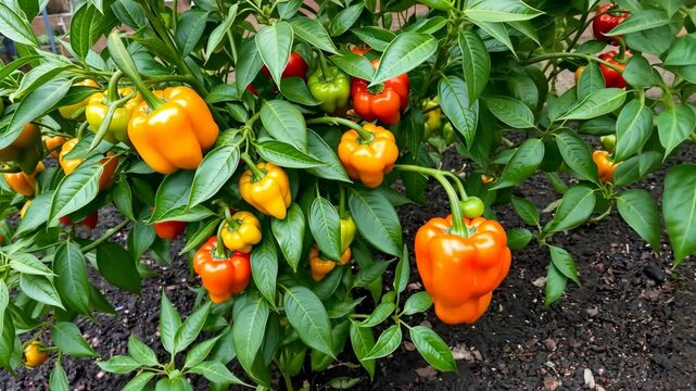 Orange Red Yellow Green Bell Peppers Growing on Plant in Garden