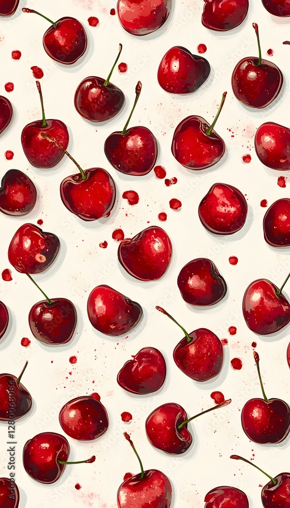 Poster a repeating pattern of bright red cherries on a white surface