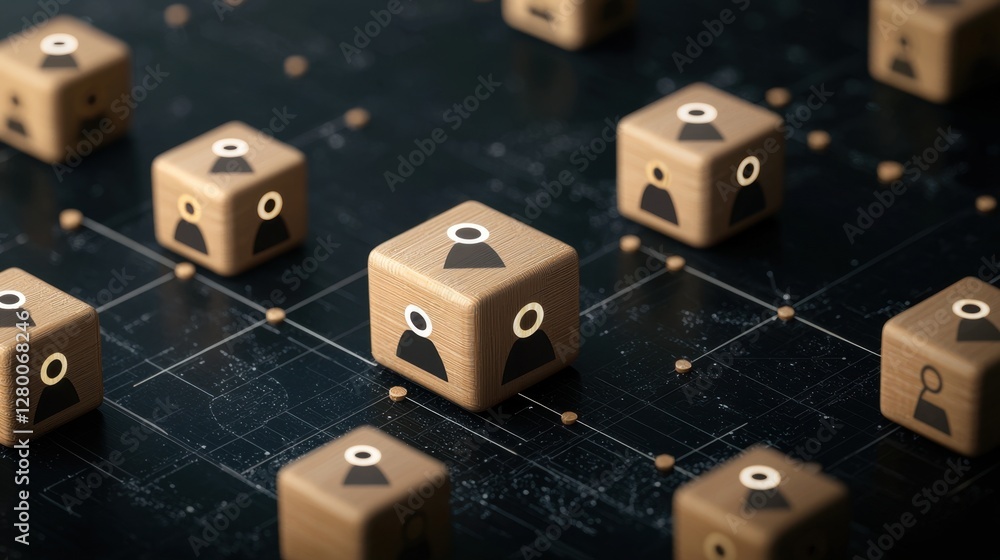 Poster abstract wooden cubes with user icons connected by lines on a dark background representing social ne