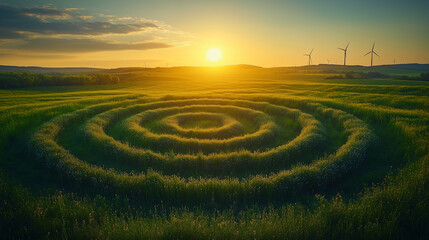 Naklejka premium Renewable Energy Landscape with Solar Panels and Wind Turbines